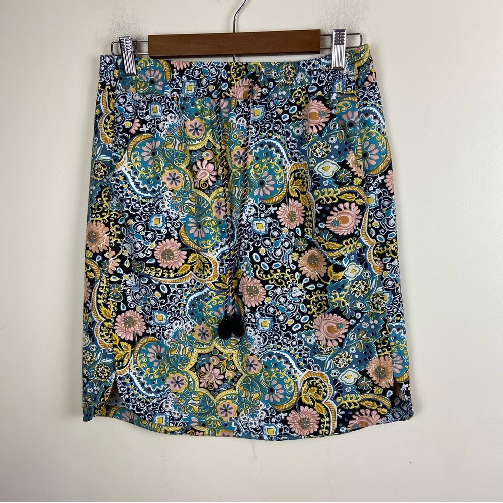 LOFT Blue Yellow Floral Paisley Elastic Waist Travel Skirt Pockets Medium Petite
